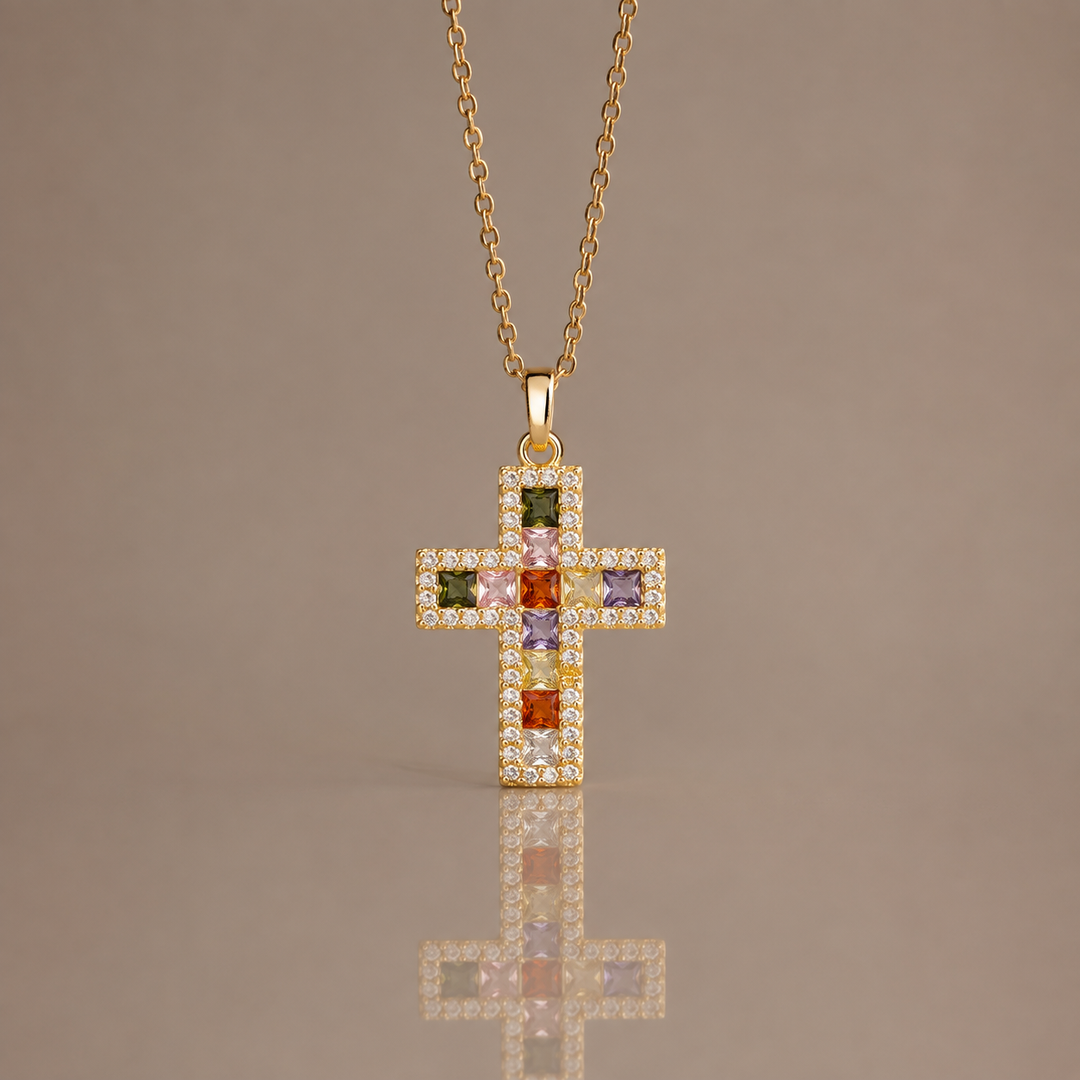 Rainbow Gem Cross Necklace