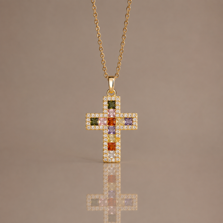 Rainbow Gem Cross Necklace