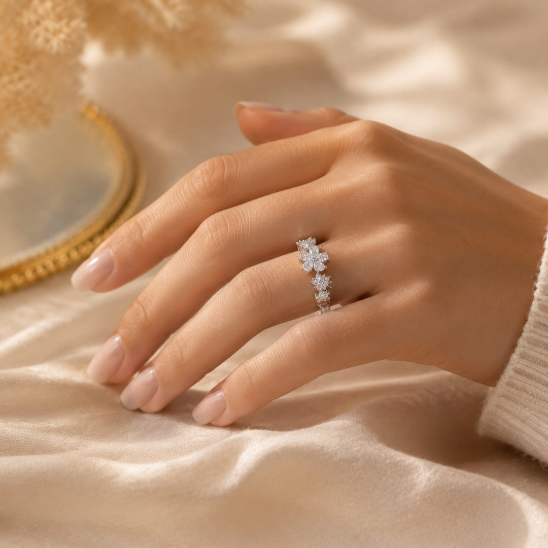 Silver Floral Zircon Ring
