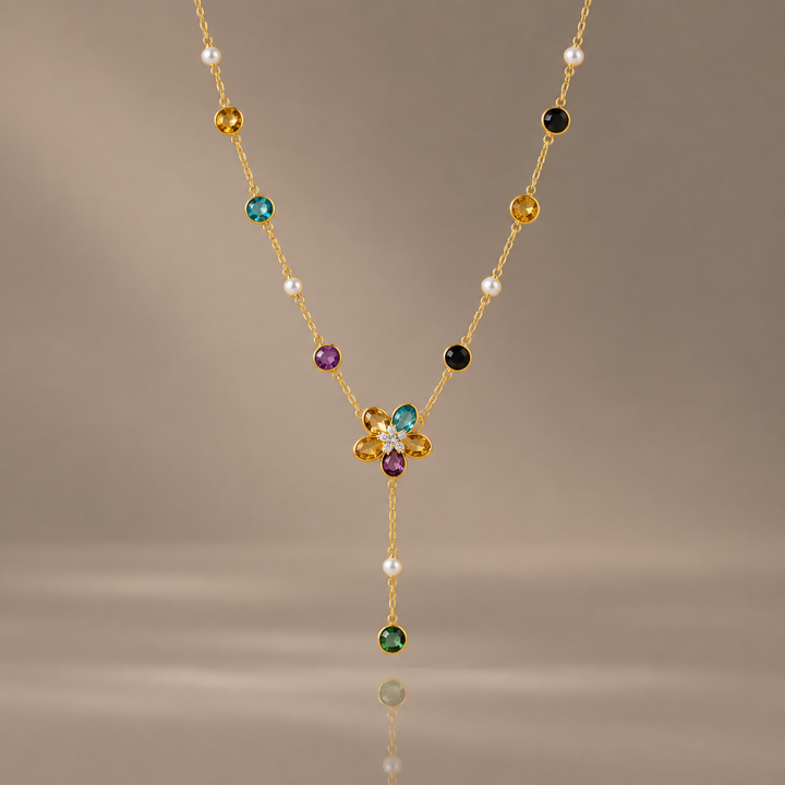 Colorful Zircon Flower Tassel Necklace