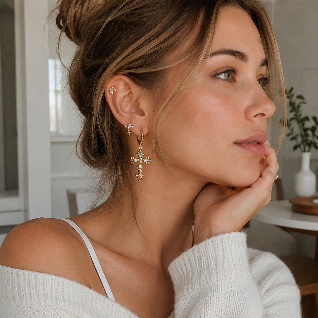 Cubic Zirconia Cross Hoop Earrings