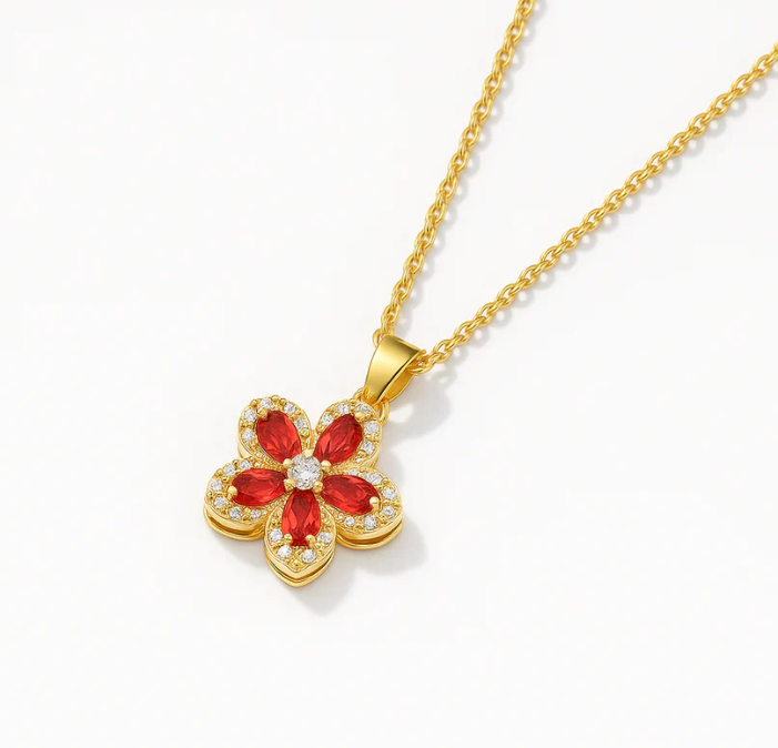 Crystal Flower Rotating Pendant Necklace