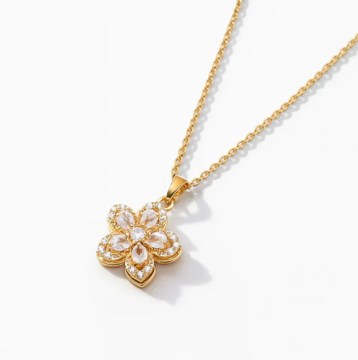 Crystal Flower Rotating Pendant Necklace