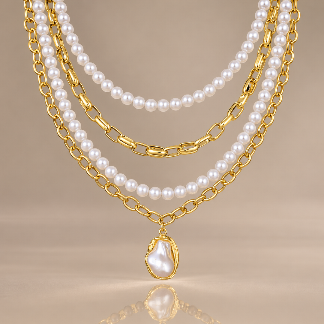 Layered Pearl Charm Necklace Set
