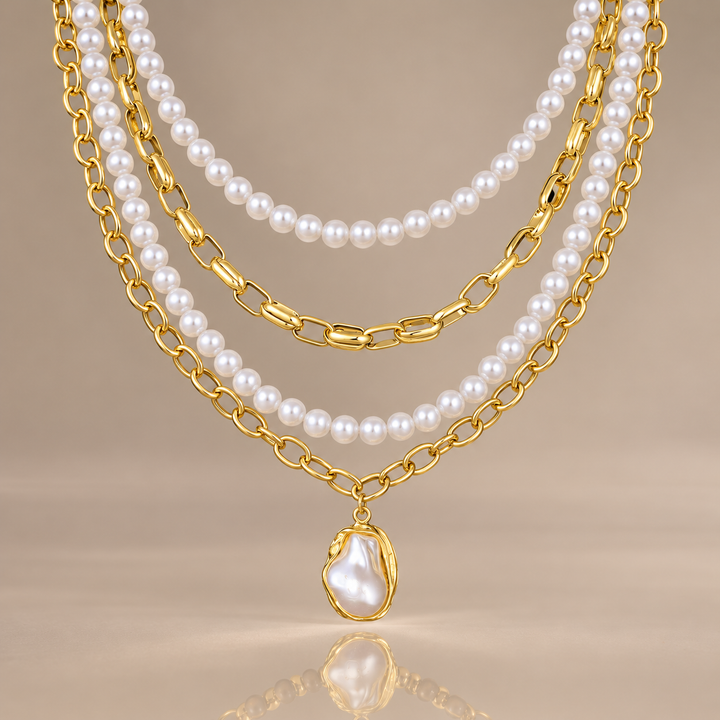 Layered Pearl Charm Necklace Set