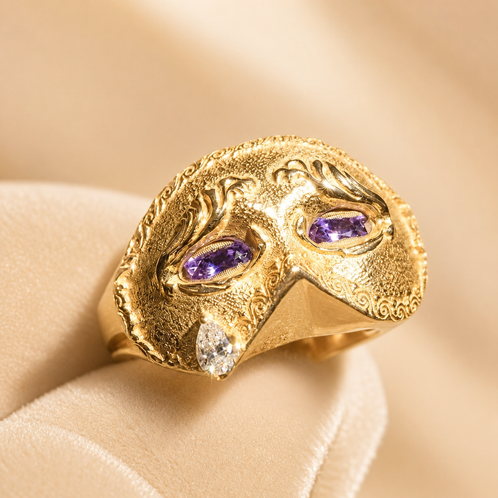 Vintage Masquerade Mask Tear Drop CZ Ring