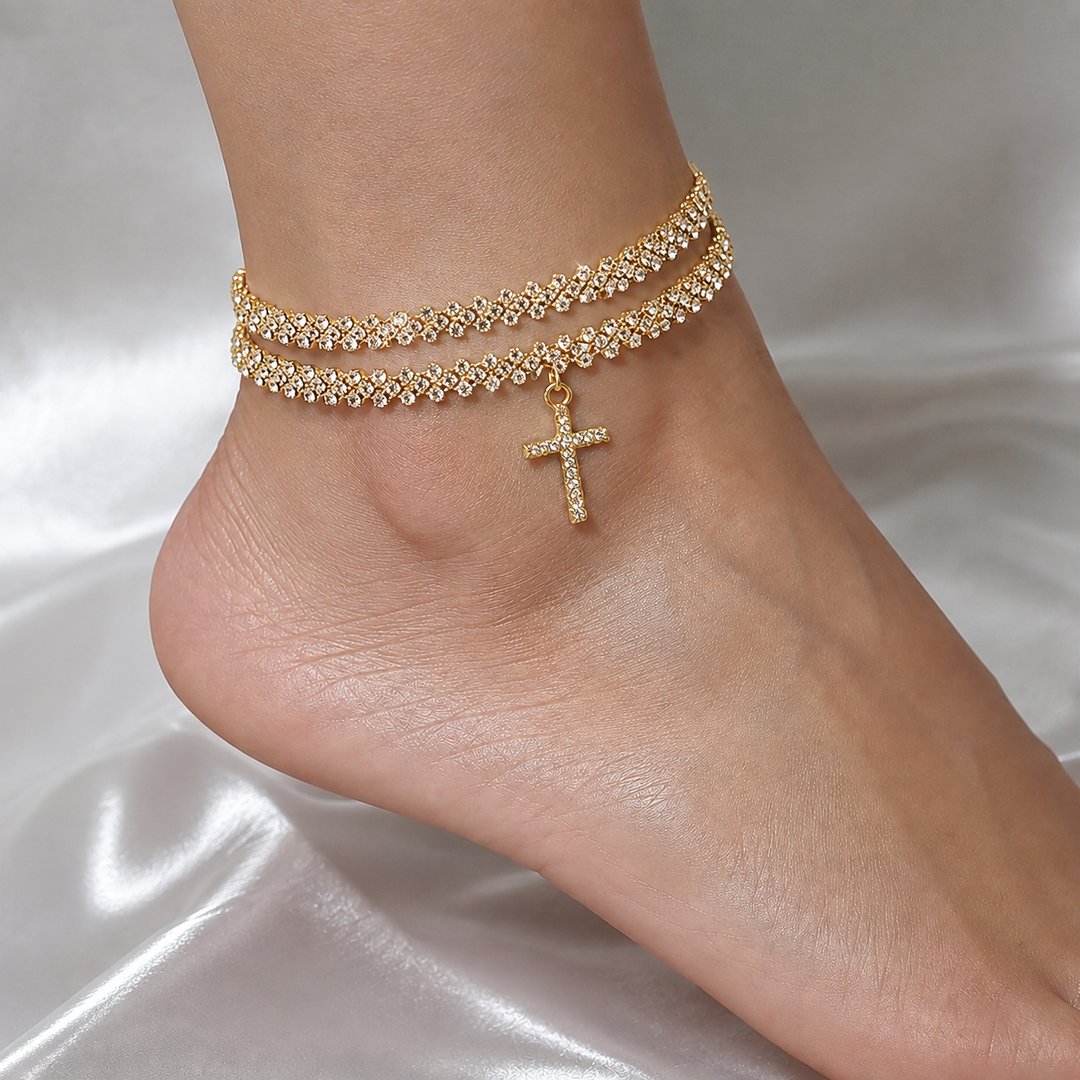 Sparkling Cross Charm Anklet