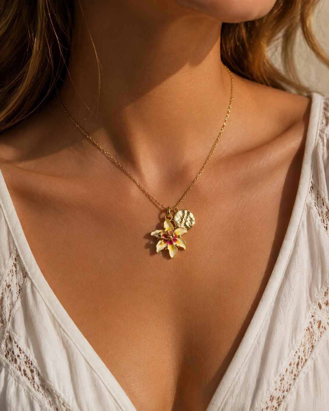 Gold Floral Zircon Pendant Necklace