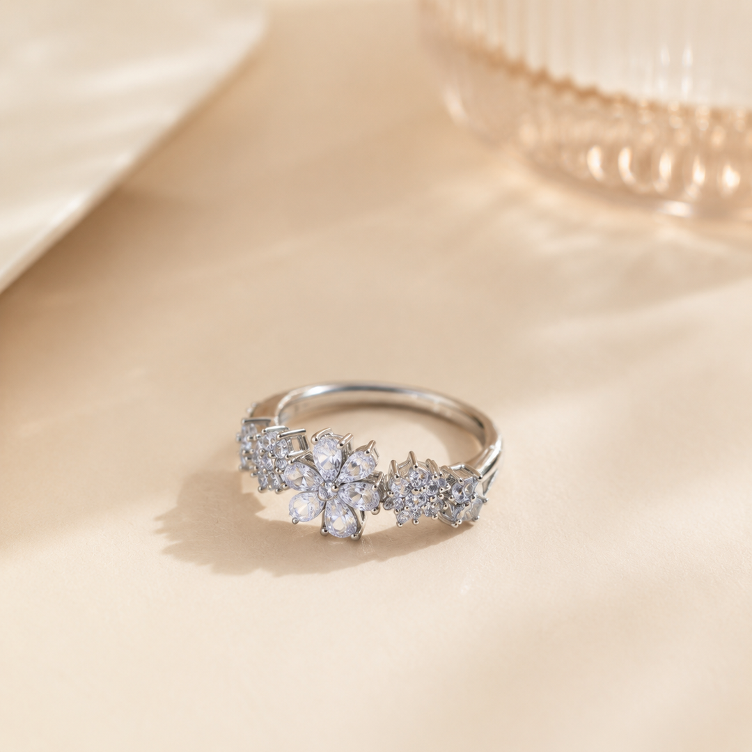 Silver Floral Zircon Ring