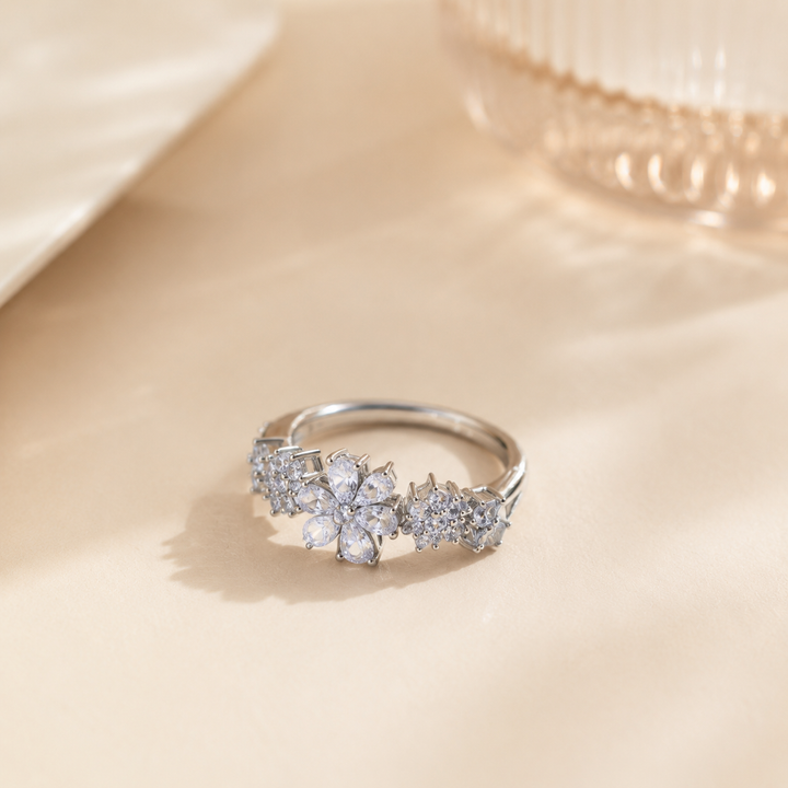 Silver Floral Zircon Ring
