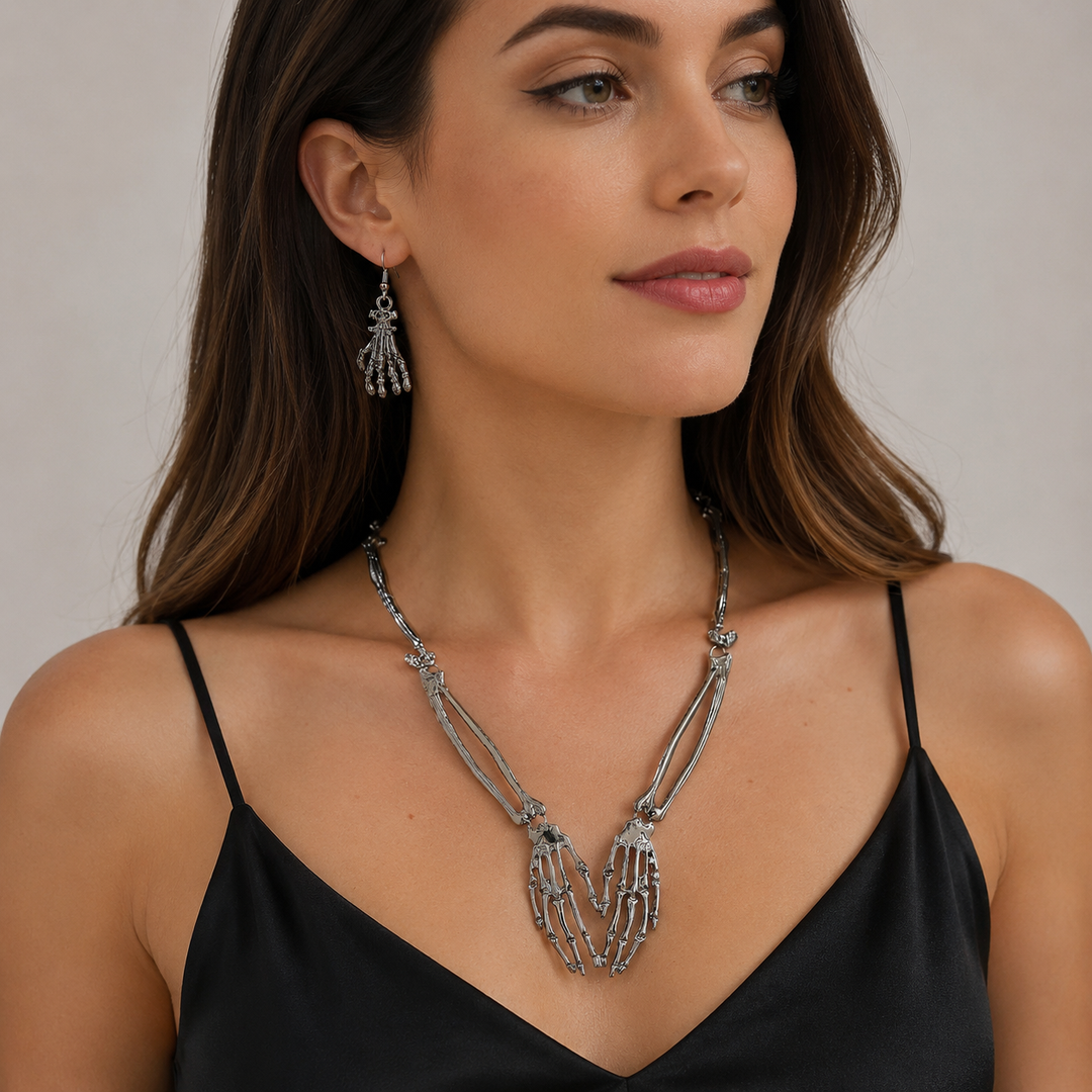 Gothic Skeleton Hand Necklace &amp; Earrings Set