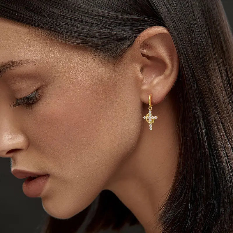 Crown Cross Drop Hoop Earrings