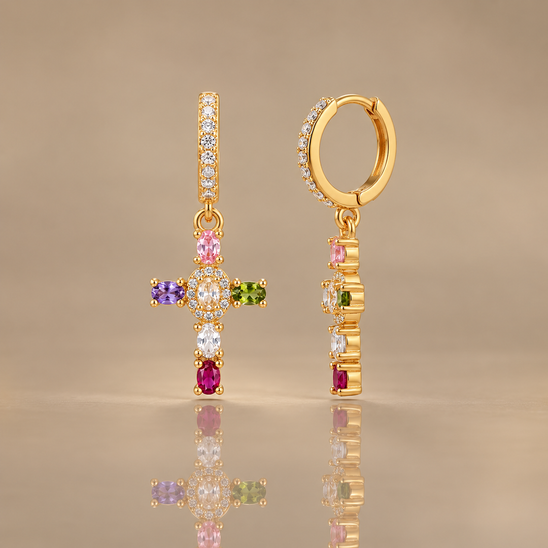 Multicolor Gemstone Cross Hoop Earrings