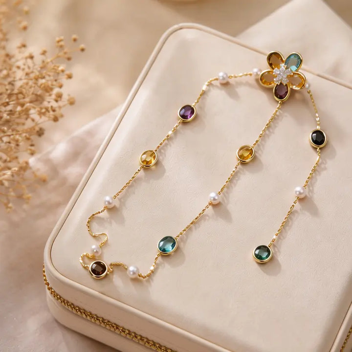 Colorful Zircon Flower Tassel Necklace