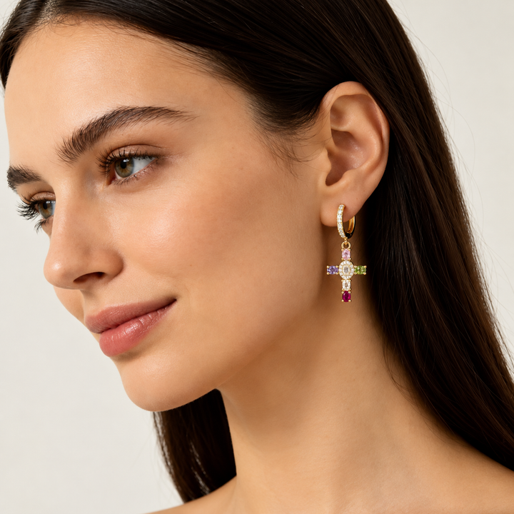 Multicolor Gemstone Cross Hoop Earrings