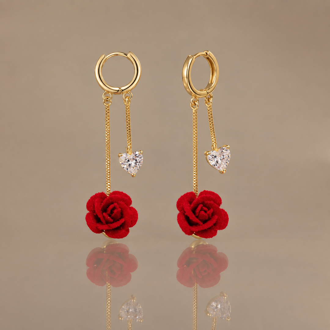 Red Flocked Rose Heart Drop Earrings