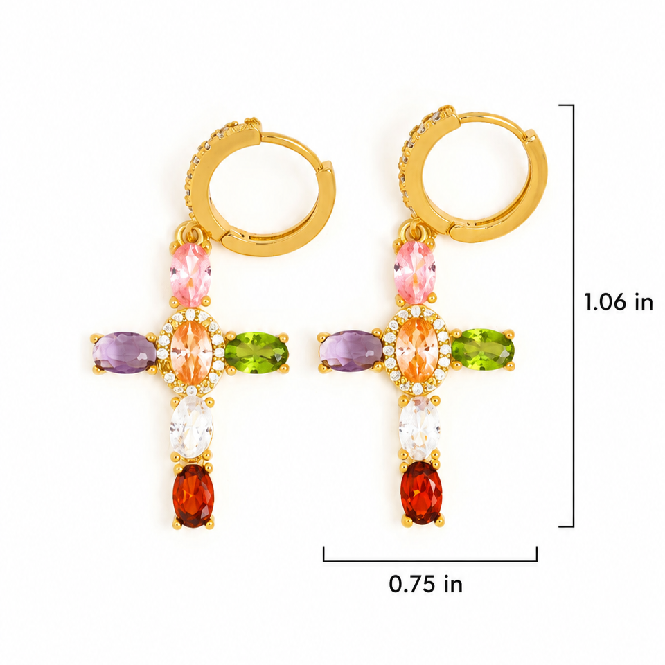 Multicolor Gemstone Cross Hoop Earrings