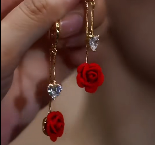 Red Flocked Rose Heart Drop Earrings