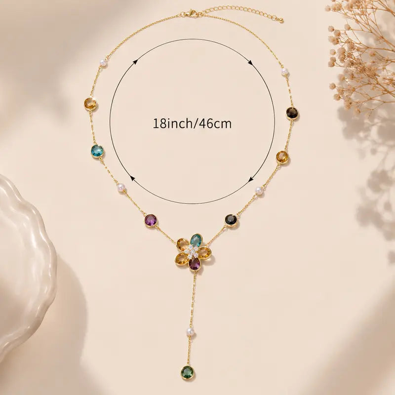 Colorful Zircon Flower Tassel Necklace