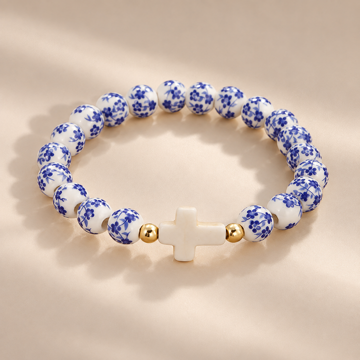 Blue &amp; White Porcelain Cross Bracelet