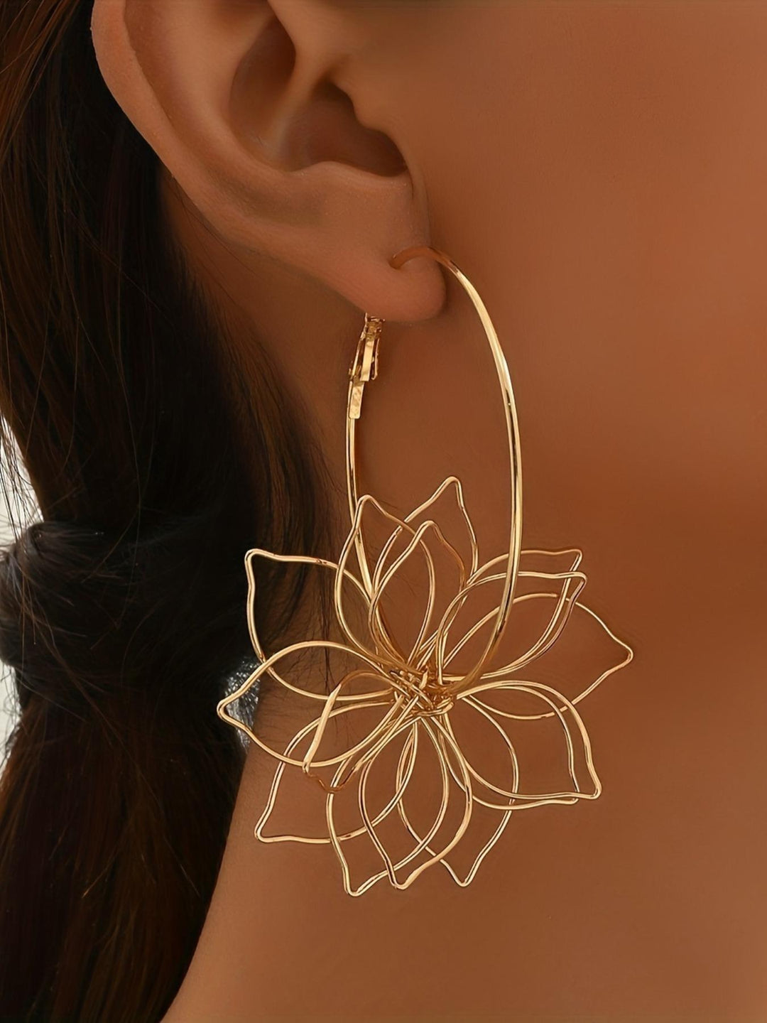 Gold Floral Wire Hoop Earrings