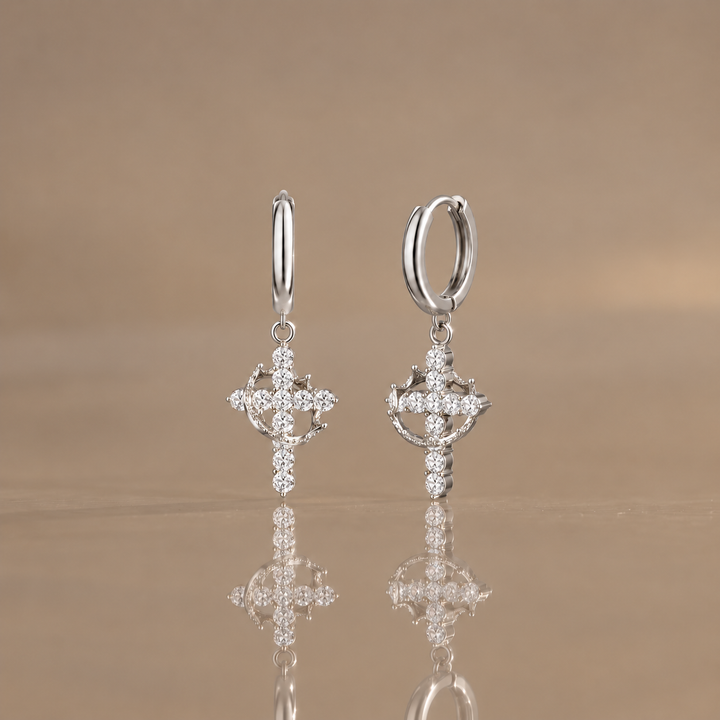 Crown Cross Drop Hoop Earrings