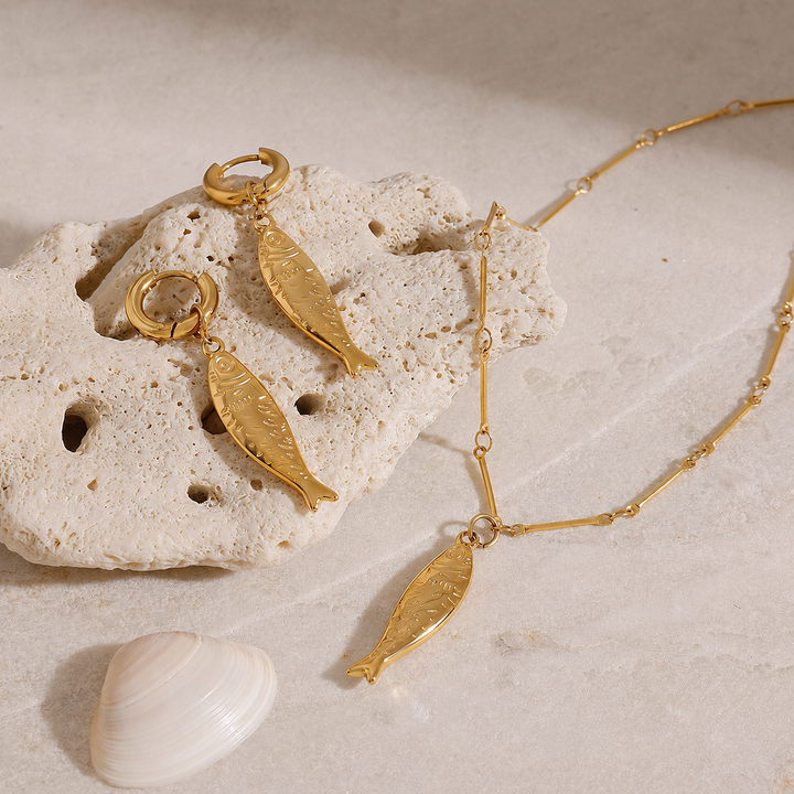Gold Fish Pendant Necklace &amp; Earrings Set