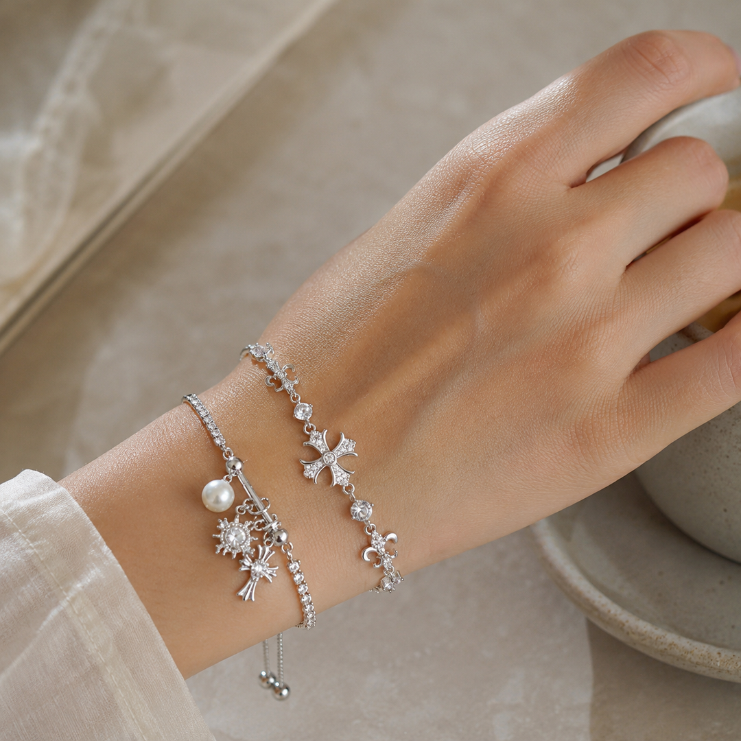 Vintage Cross Charm Layered Bracelet