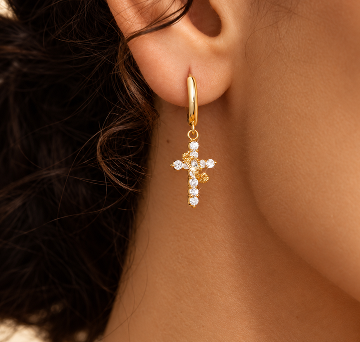 Crown Cross Drop Hoop Earrings