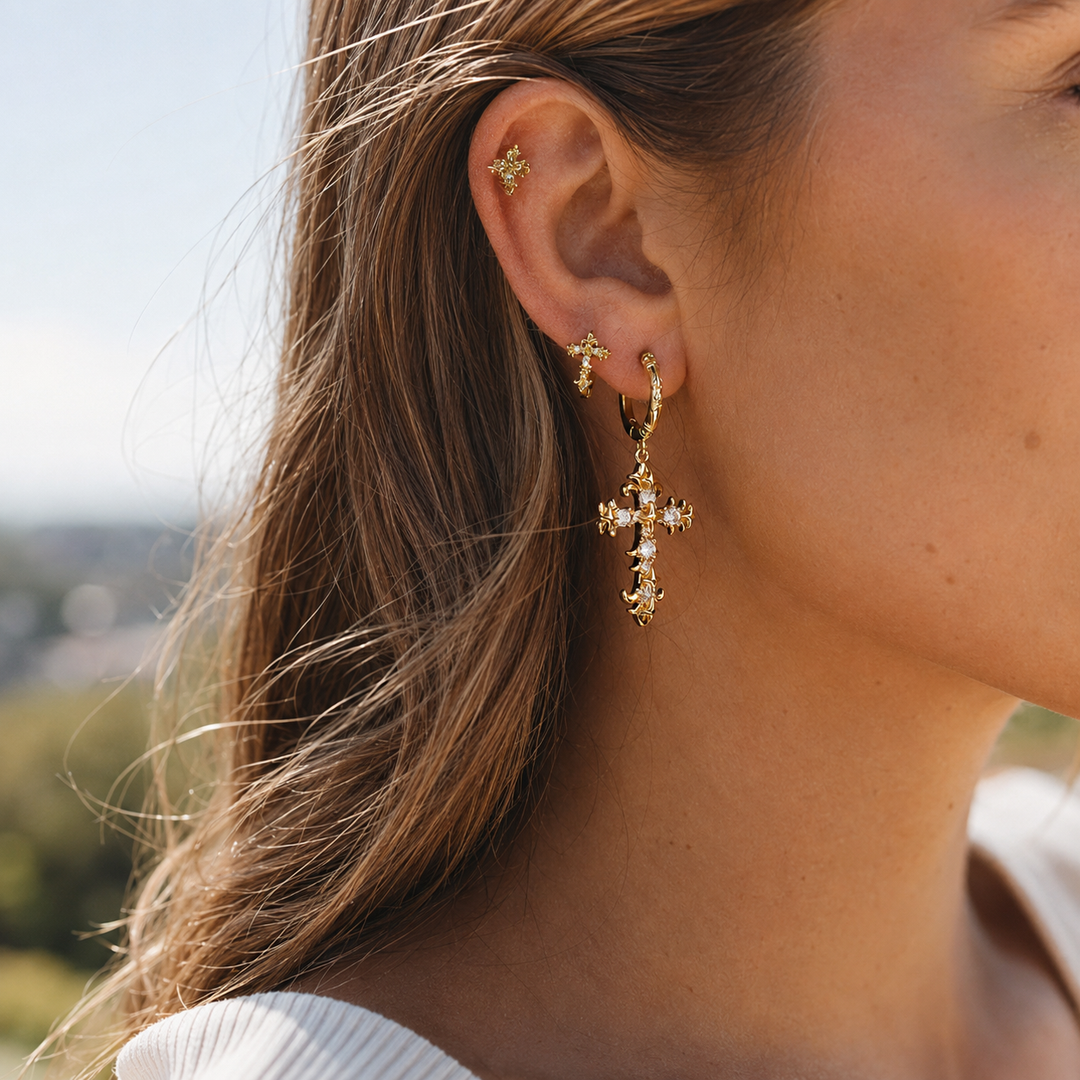 Cubic Zirconia Cross Hoop Earrings