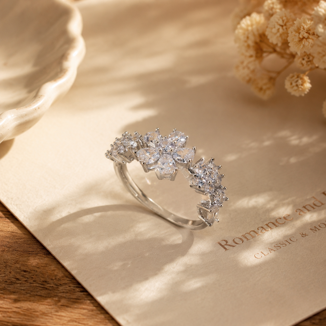 Silver Floral Zircon Ring