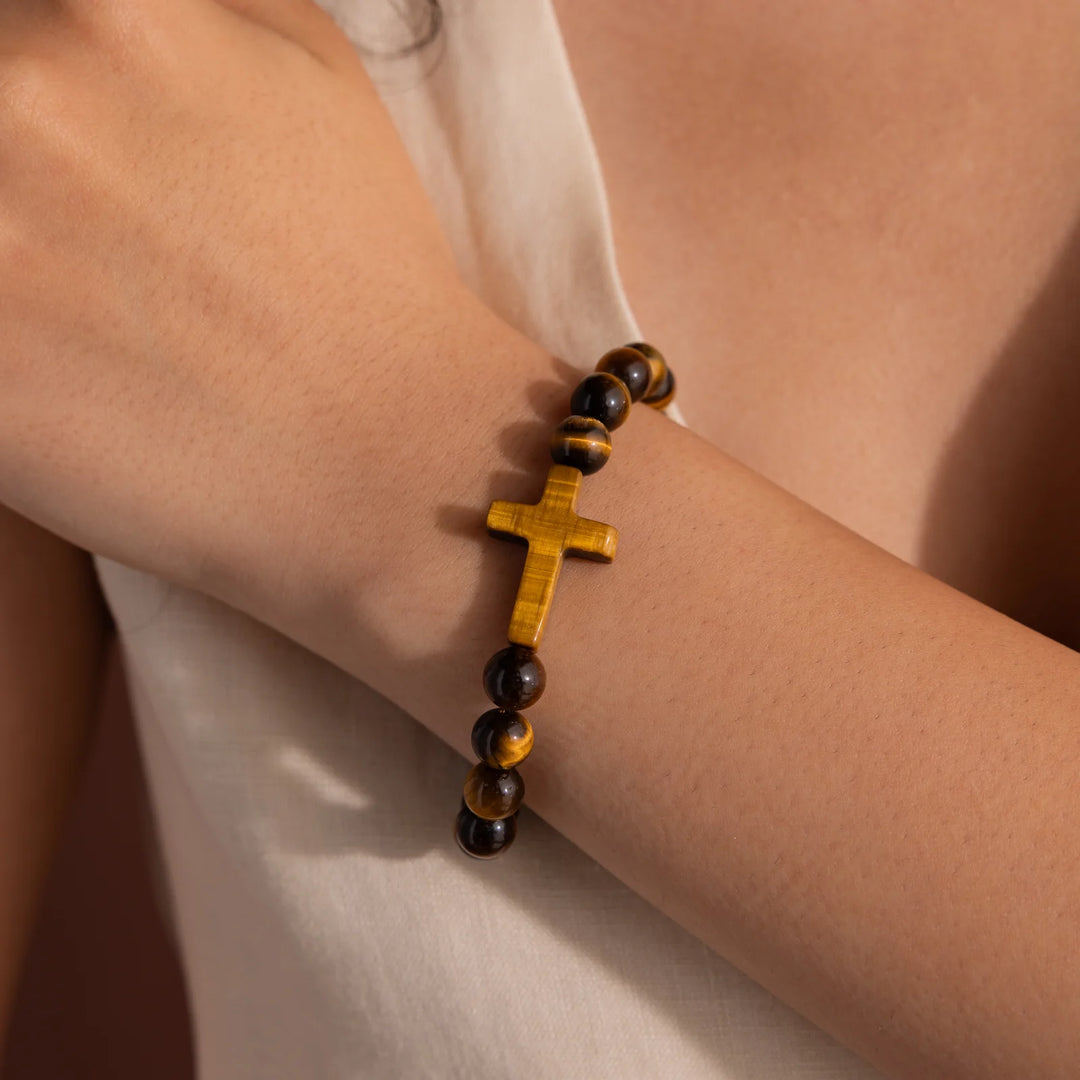 Tiger Eye Stone Cross Bracelet