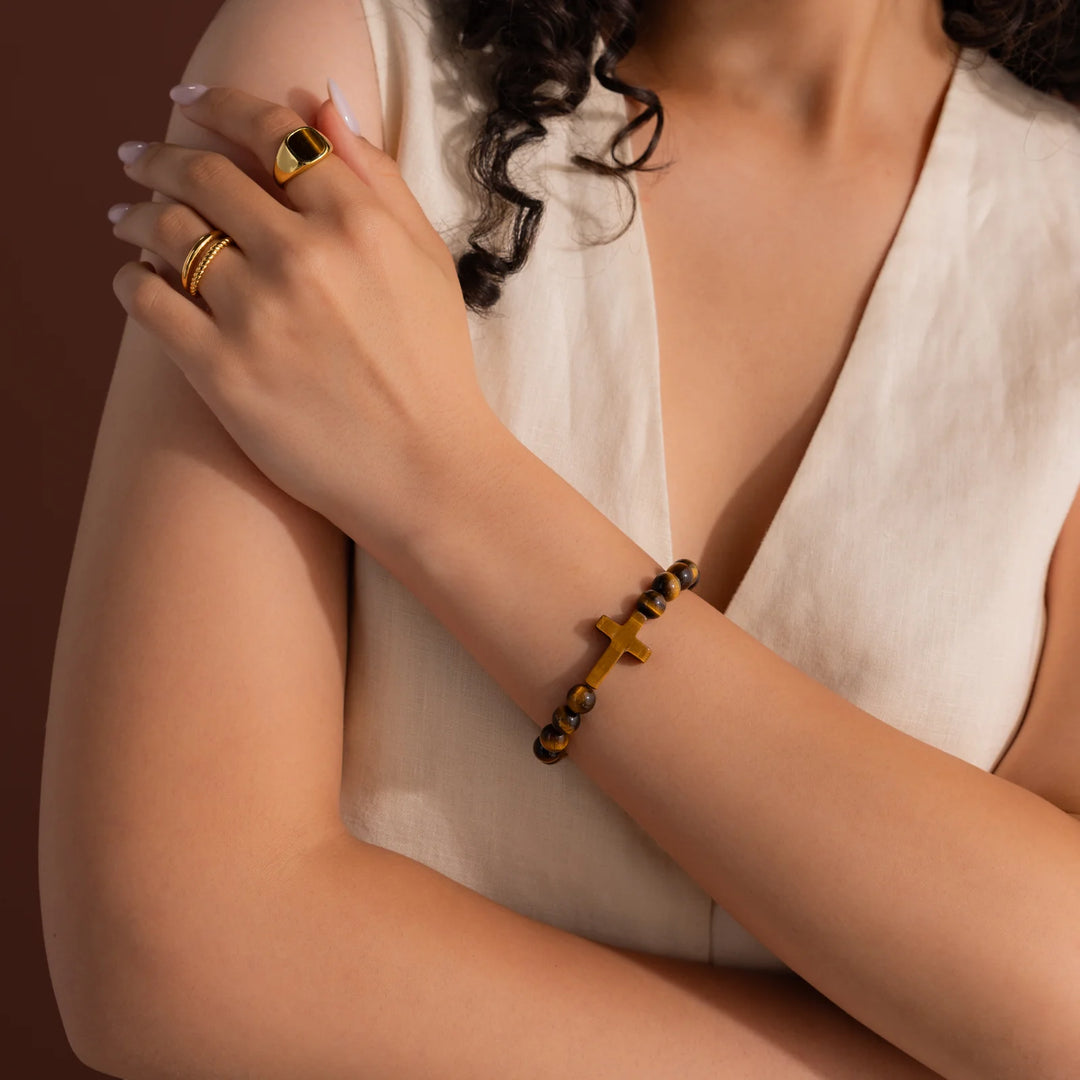 Tiger Eye Stone Cross Bracelet