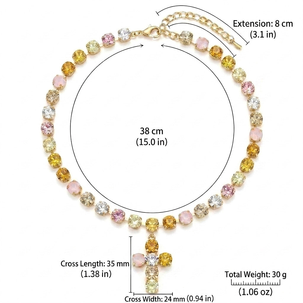 Rainbow Crystal Cross Charm Necklace