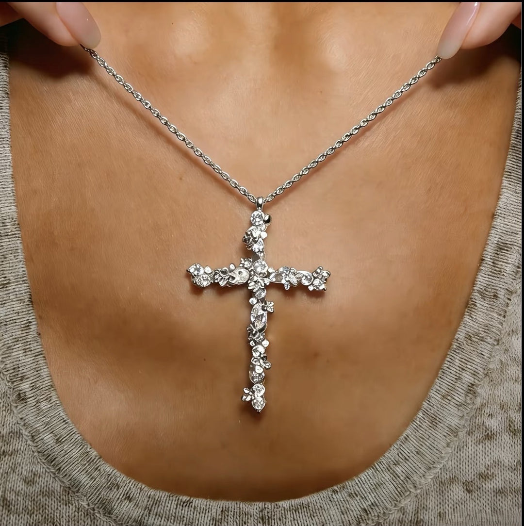 Crystal Bloom Cross Pendant Necklace