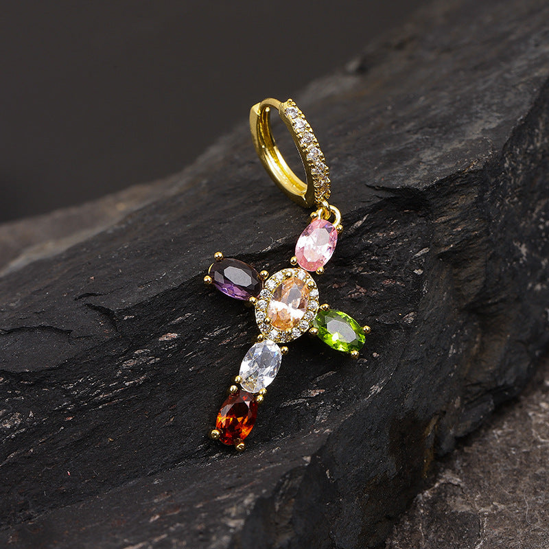 Multicolor Gemstone Cross Hoop Earrings