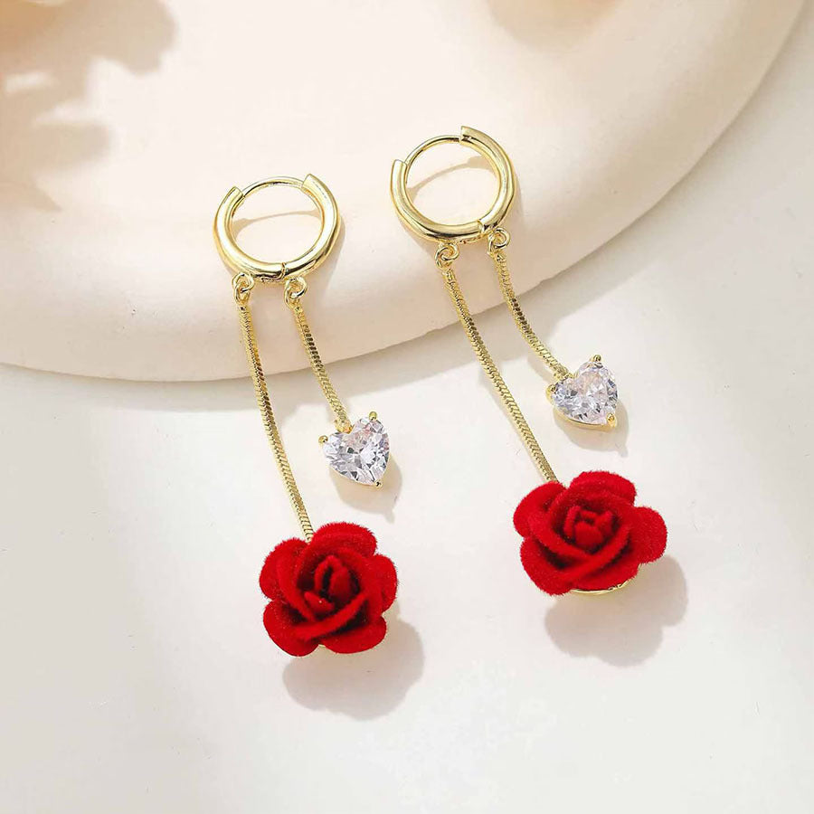 Red Flocked Rose Heart Drop Earrings
