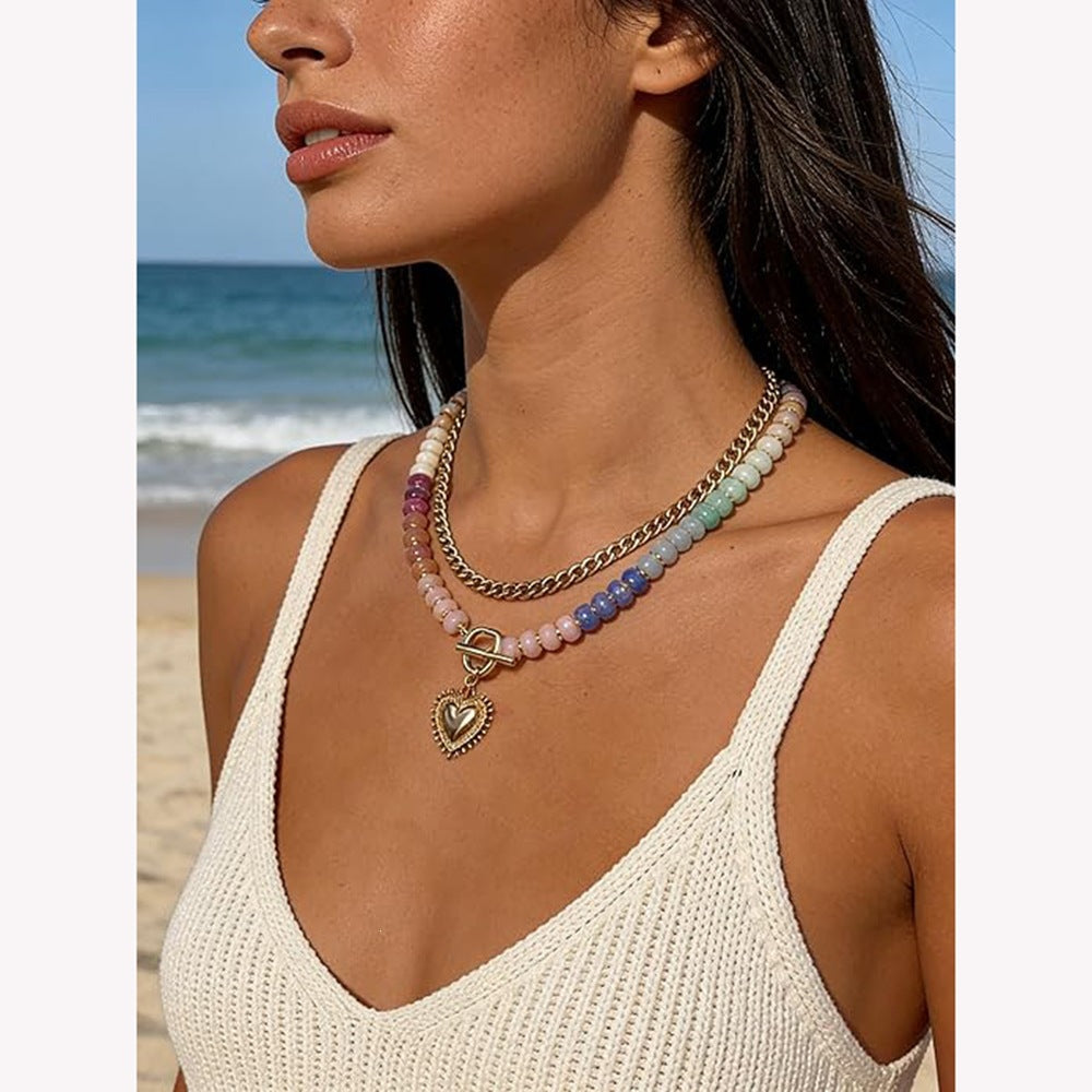 Colorful Beaded Heart Pendant Necklace