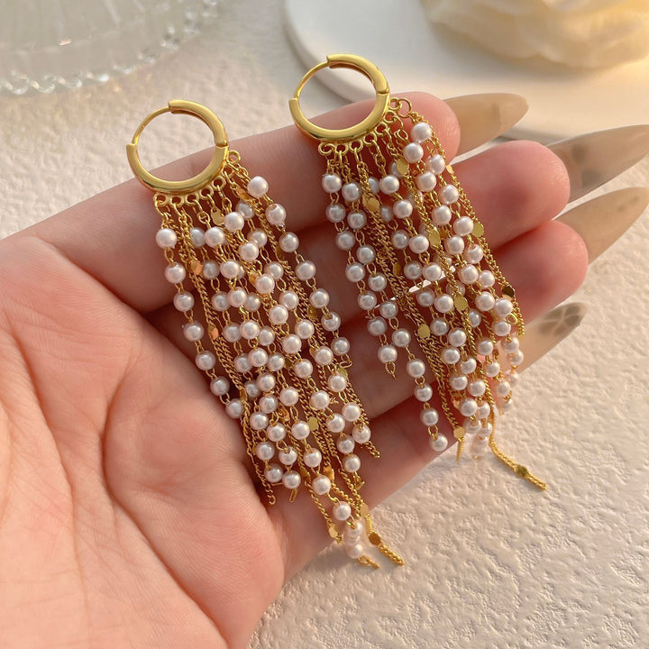 Pearl Tassel Hoop Earrings