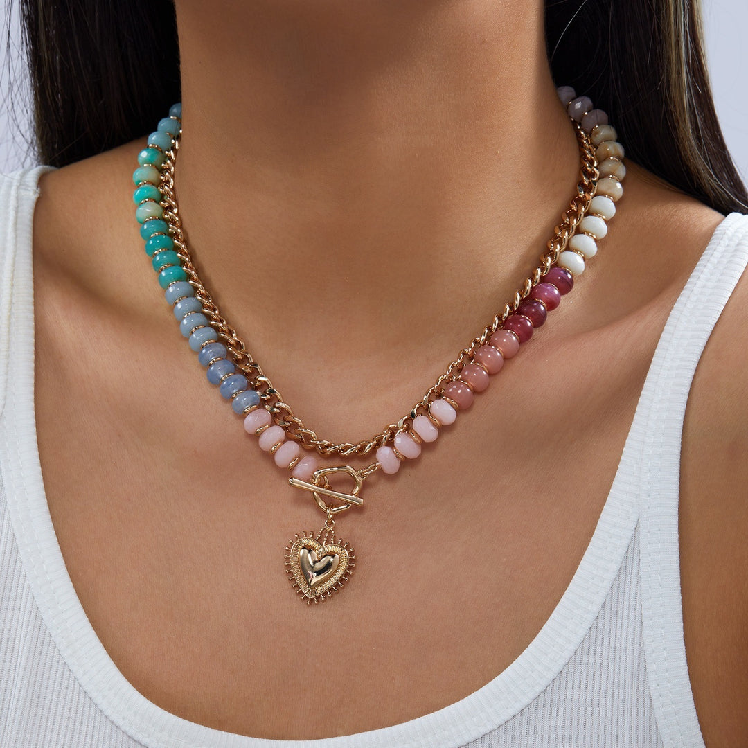 Colorful Beaded Heart Pendant Necklace