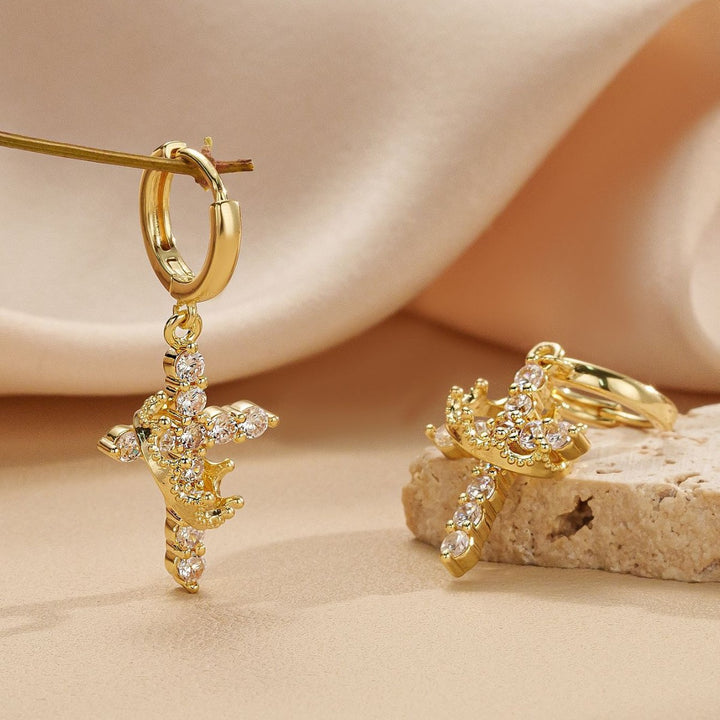 Crown Cross Drop Hoop Earrings