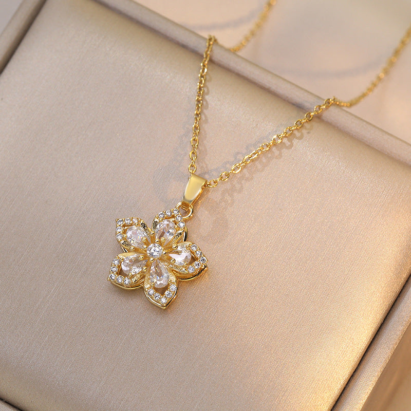 Crystal Flower Rotating Pendant Necklace