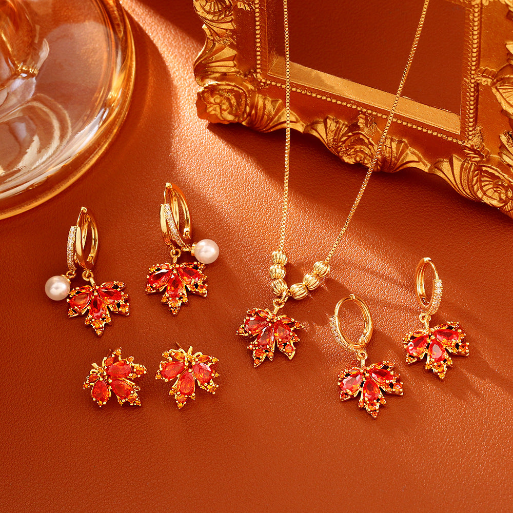 Red Crystal Maple Leaf Jewelry Set