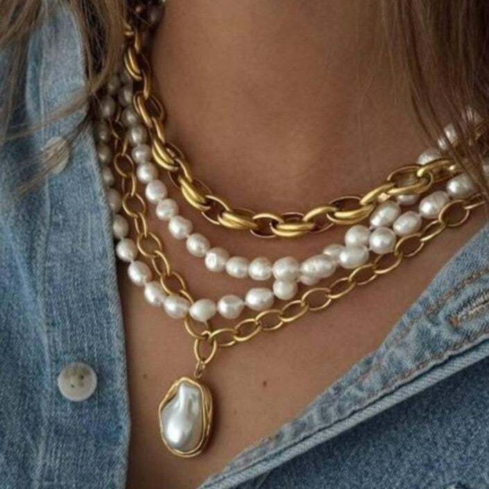 Layered Pearl Charm Necklace Set