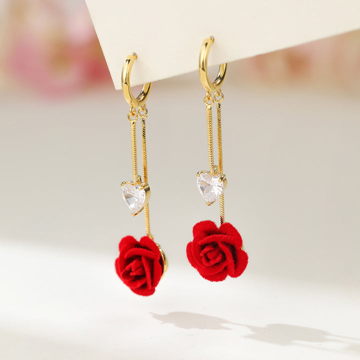 Red Flocked Rose Heart Drop Earrings