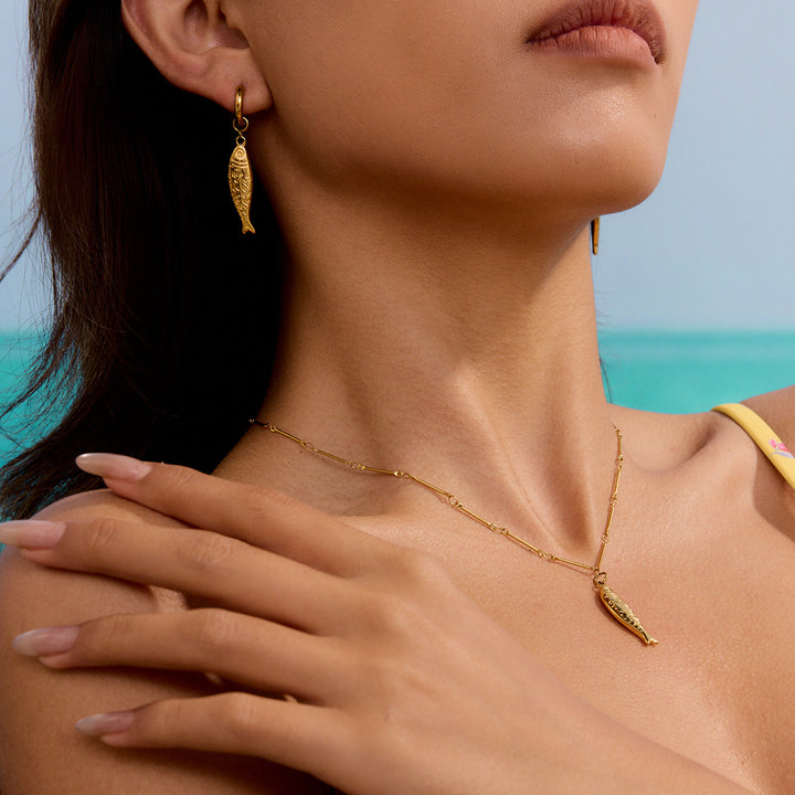 Gold Fish Pendant Necklace &amp; Earrings Set