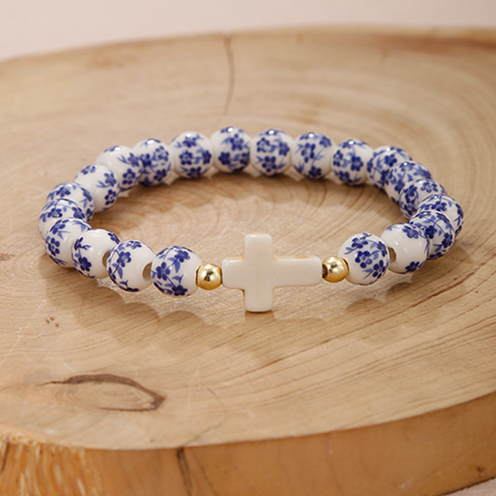 Blue &amp; White Porcelain Cross Bracelet