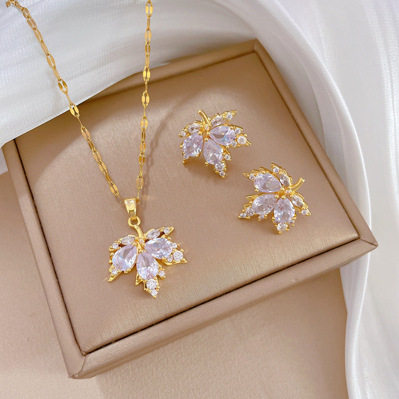 Maple Leaf Crystal Necklace &amp; Earrings