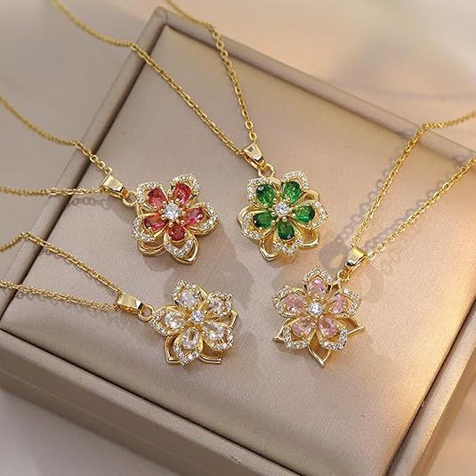 Crystal Flower Rotating Pendant Necklace