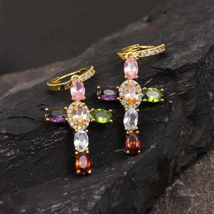 Multicolor Gemstone Cross Hoop Earrings